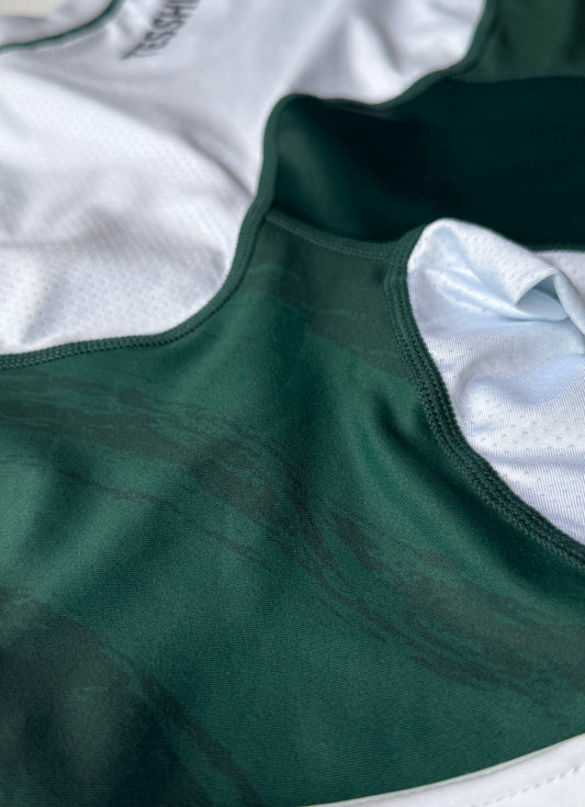 Close-up of the sleeve on Tesshin Jade Green rash guard