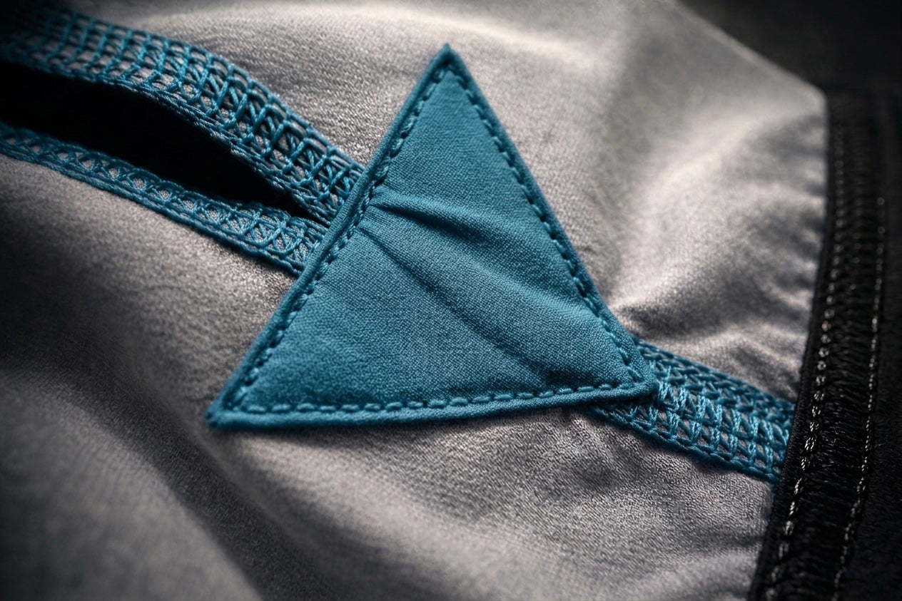Close-up shot of the reinforcement tack stitching on Tesshin Coral Blue Fightshorts