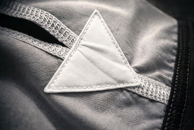 Close-up shot of reinforcement tack stitching on Tesshin Porcelain Fightshorts