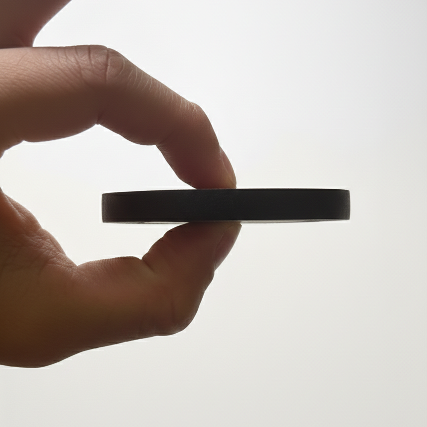 Side-view of Tesshin black finger tape, held up by hand for reference
