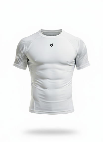 Front view of Tesshin Flagship Rash Guard in Marble White