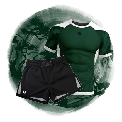 Tesshin Jade Green Fight Set, including Jade Green Rashguard and Midnight Black Fightshorts