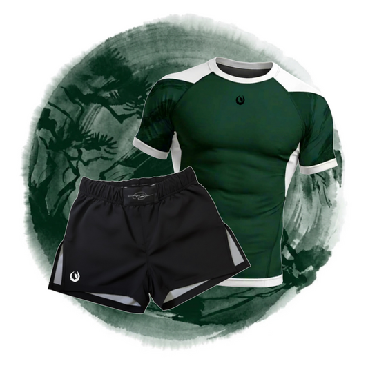 Tesshin Jade Green Fight Set, including Jade Green Rashguard and Midnight Black Fightshorts