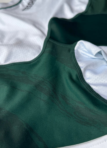 Close-up of the sleeve on Tesshin Jade Green rash guard