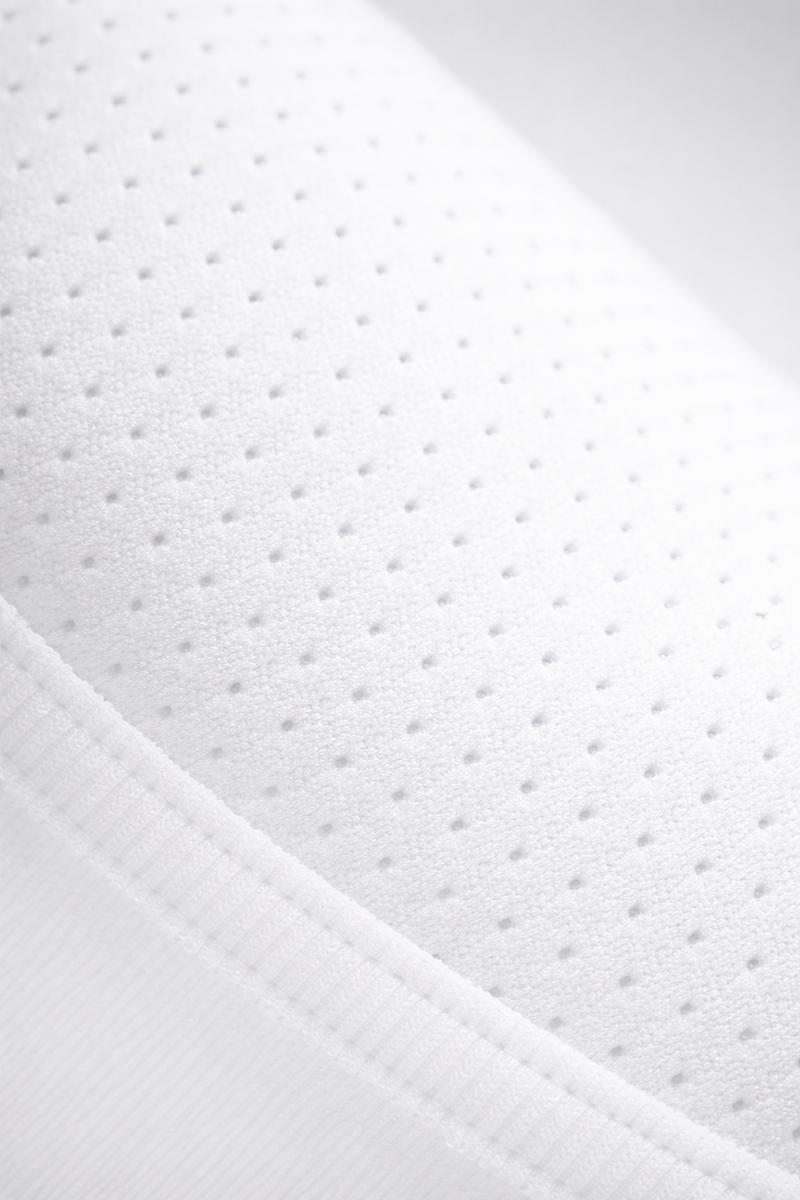 Close-up of shoulder mesh on Tesshin white rash guard