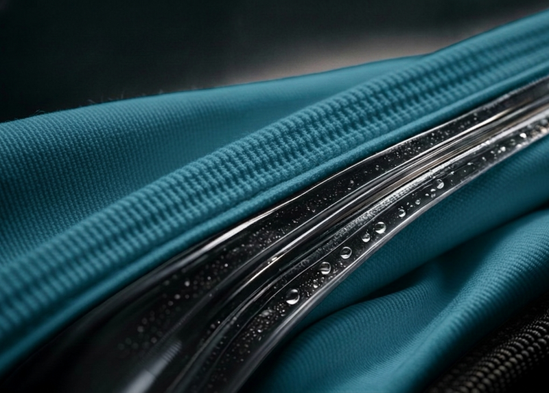 Close-up of silicone waistband on Tesshin blue rash guard