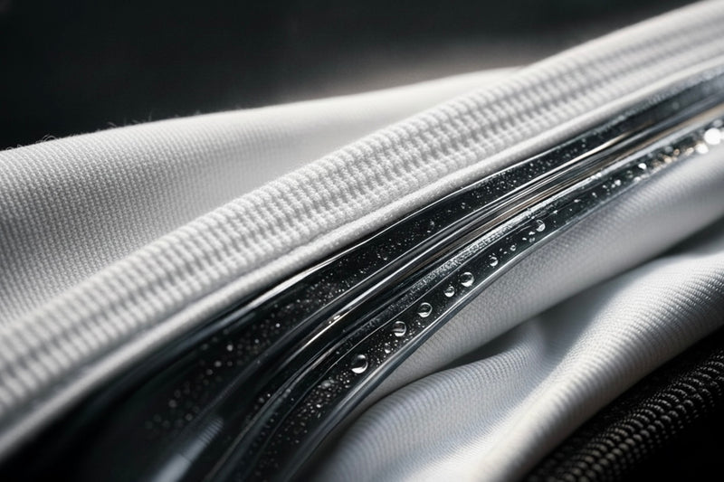 Close-up of silicone waistband on Tesshin white rash guard