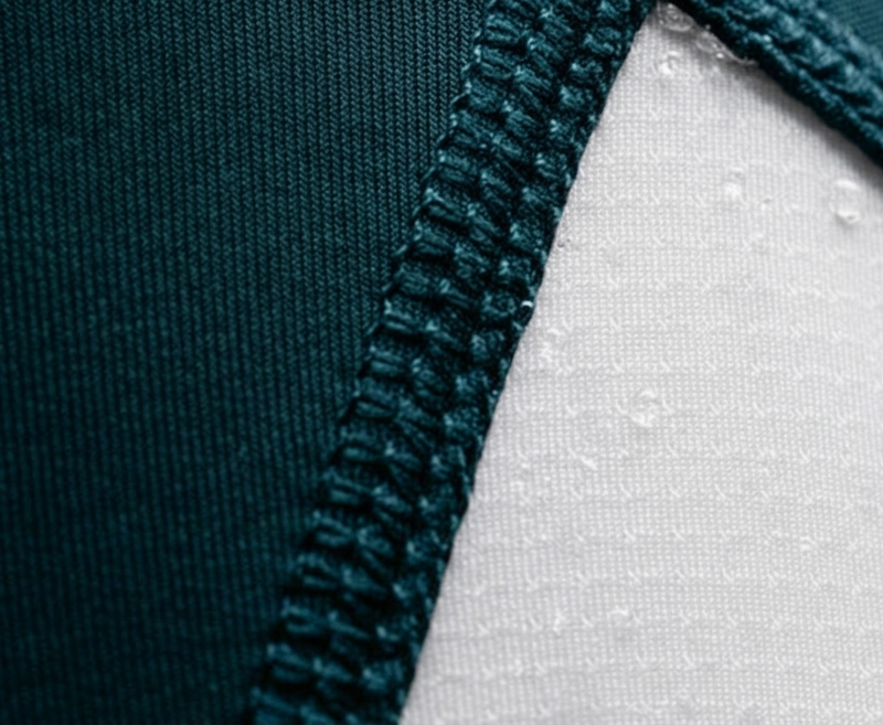 Close-up of stitching on Tesshin blue rash guard
