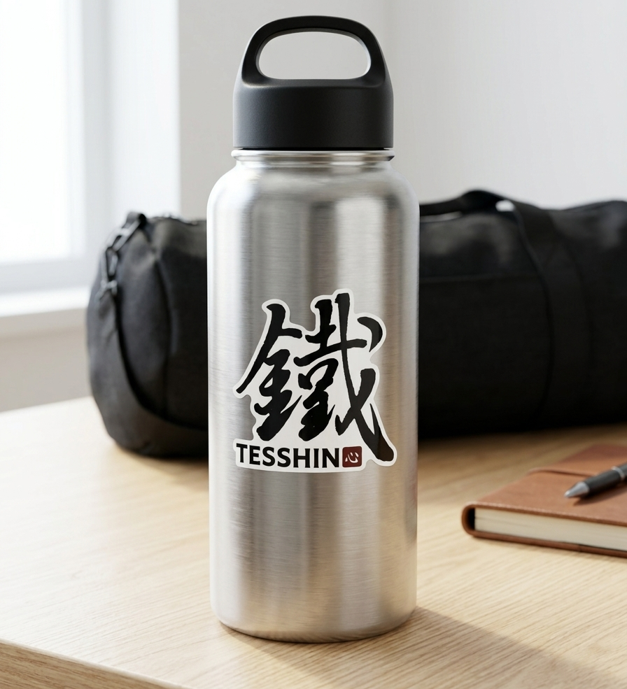 Tesshin logo sticker on a water bottle